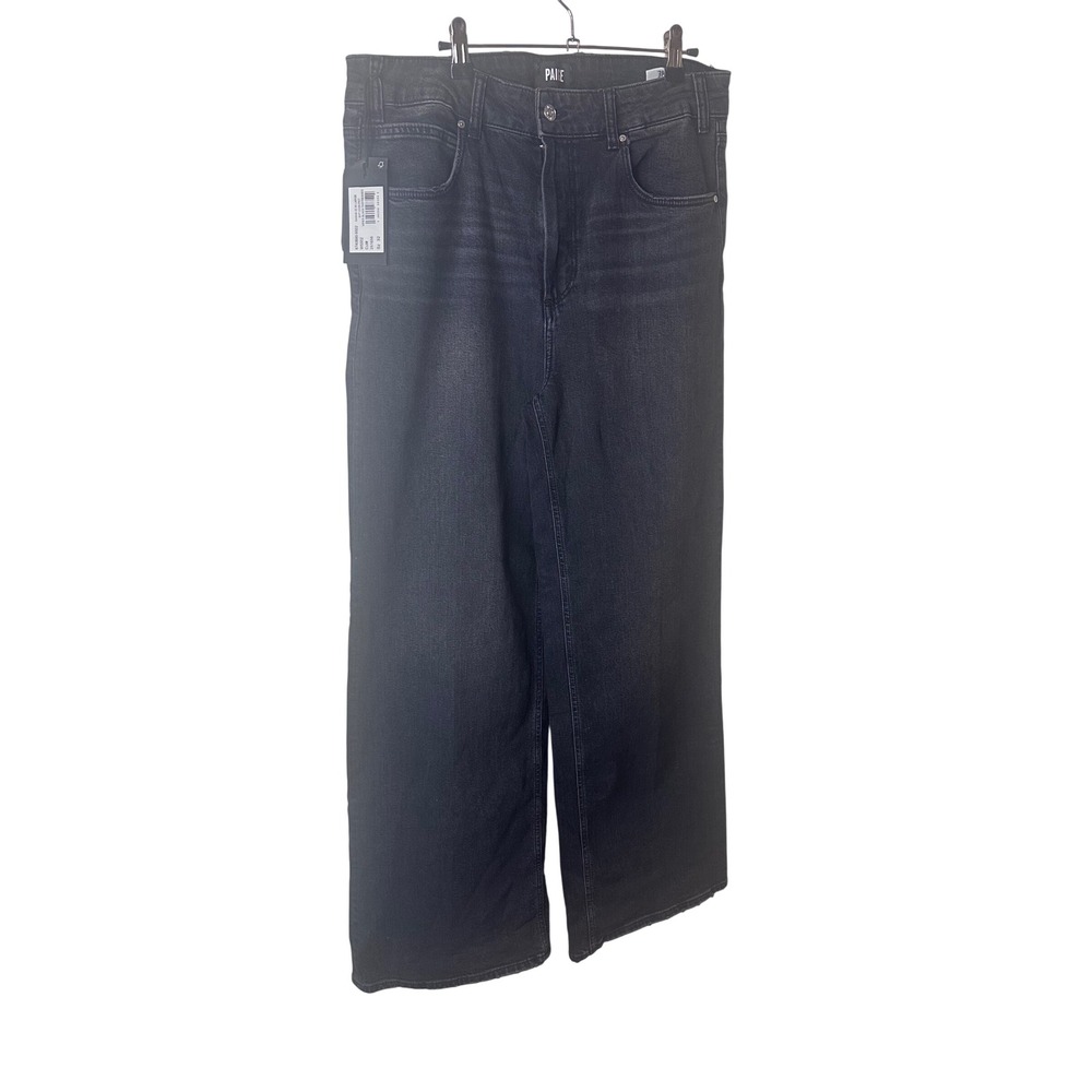 NEW Paige Sasha High Rise Wide Leg Jeans Viper Black Distressed Sz 32 - Picture 8 of 11